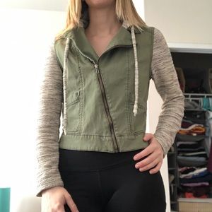 Angular Zip Up Mixed Fabric Hooded Jacket